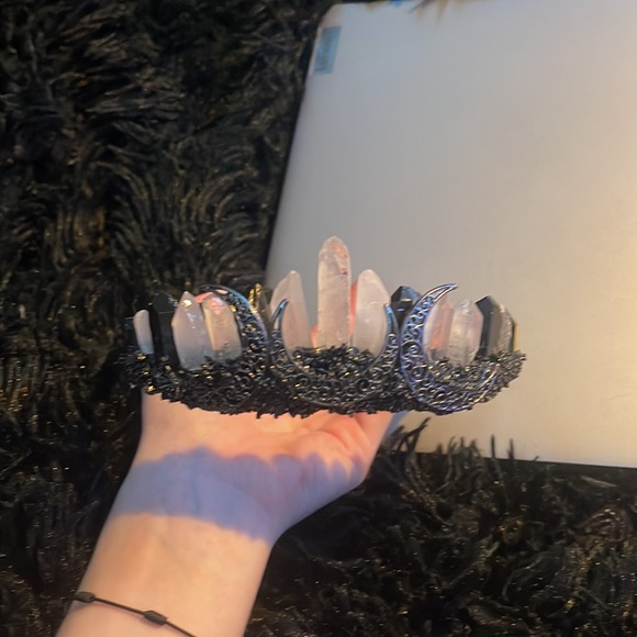 !!! SOLD !!! Real Clear Quarts And Obsidian Crystal Crown Tiara - Picture 7 of 9